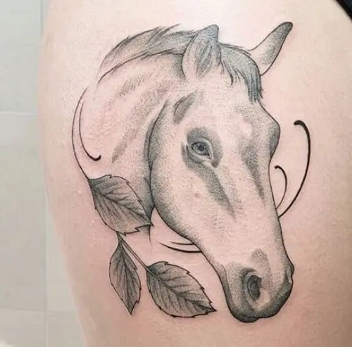 Grey Ink Horse Tattoo On Side Neck