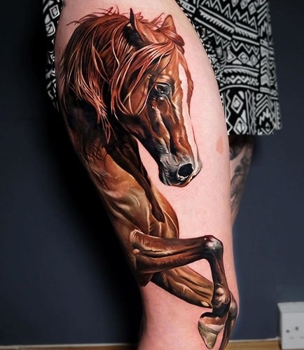 Traditional Horse Head Tattoo On Side Thigh